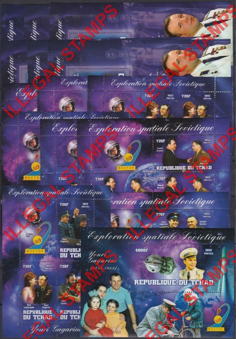 Chad 2013 Soviet Space Exploration Vostok Gagarine Illegal Stamps in Souvenir Sheets of 6 and 1 Chad 2013 Soviet Space Exploration Vostok Gagarine Illegal Stamps in Souvenir Sheets of 6 and 1