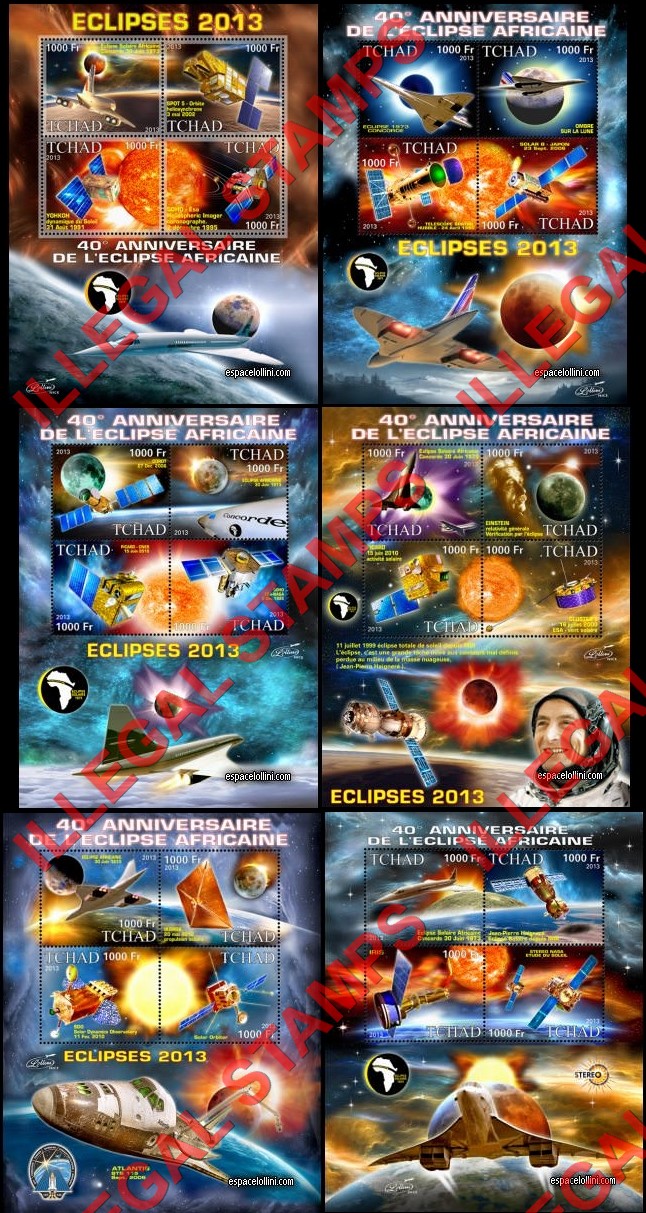 Chad 2013 Space Eclipses Illegal Stamps in Souvenir Sheets of 4 Chad 2013 Space Eclipses Illegal Stamps in Souvenir Sheets of 4