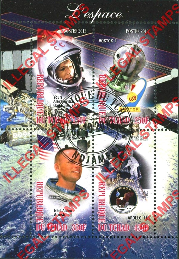 Chad 2013 Space Vostok 1 Gagarine Apollo 11 Armstrong Illegal Stamps in Souvenir Sheet of 4 Chad 2013 Space Vostok 1 Gagarine Apollo 11 Armstrong Illegal Stamps in Souvenir Sheet of 4