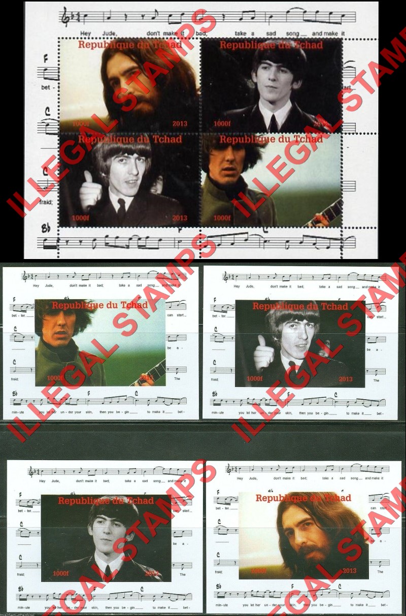 Chad 2013 The Beatles George Harrison Illegal Stamps in Souvenir Sheet of 4 and Deluxe Souvenir Sheets of 1 Chad 2013 The Beatles George Harrison Illegal Stamps in Souvenir Sheet of 4 and Deluxe Souvenir Sheets of 1