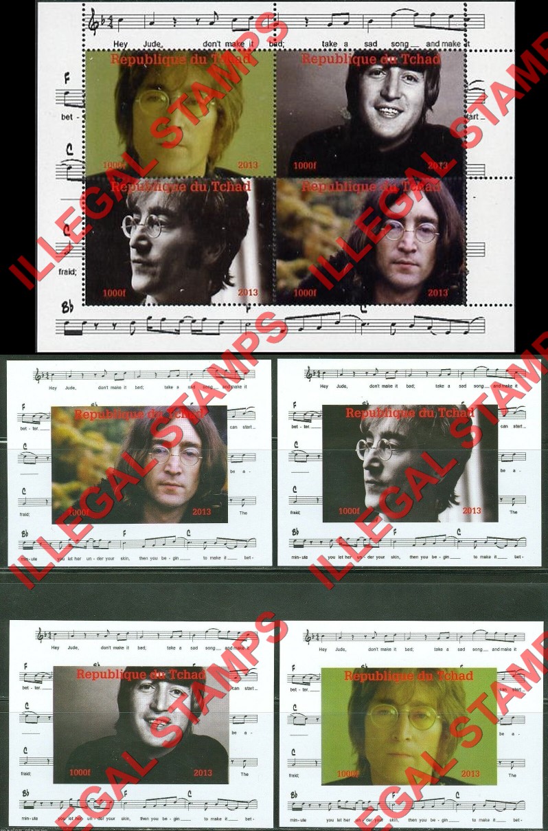 Chad 2013 The Beatles John Lennon Illegal Stamps in Souvenir Sheet of 4 and Deluxe Souvenir Sheets of 1 Chad 2013 The Beatles John Lennon Illegal Stamps in Souvenir Sheet of 4 and Deluxe Souvenir Sheets of 1