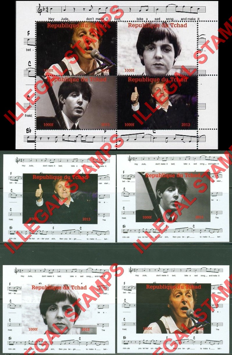 Chad 2013 The Beatles Paul McCartney Illegal Stamps in Souvenir Sheet of 4 and Deluxe Souvenir Sheets of 1 Chad 2013 The Beatles Paul McCartney Illegal Stamps in Souvenir Sheet of 4 and Deluxe Souvenir Sheets of 1