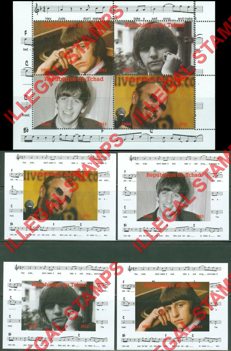 Chad 2013 The Beatles Ringo Starr Illegal Stamps in Souvenir Sheet of 4 and Deluxe Souvenir Sheets of 1 Chad 2013 The Beatles Ringo Starr Illegal Stamps in Souvenir Sheet of 4 and Deluxe Souvenir Sheets of 1