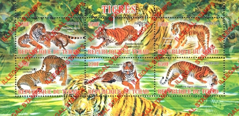 Chad 2013 Tigers Illegal Stamps in Souvenir Sheet of 6 Chad 2013 Tigers Illegal Stamps in Souvenir Sheet of 6