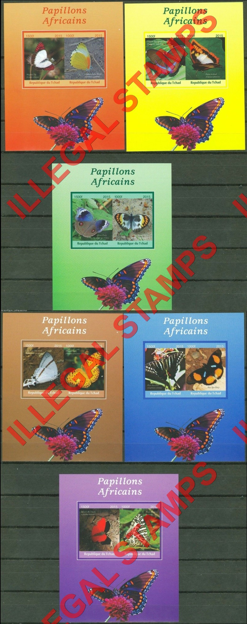 Chad 2015 African Butterflies Illegal Stamps in Souvenir Sheets of 2 Chad 2015 African Butterflies Illegal Stamps in Souvenir Sheets of 2