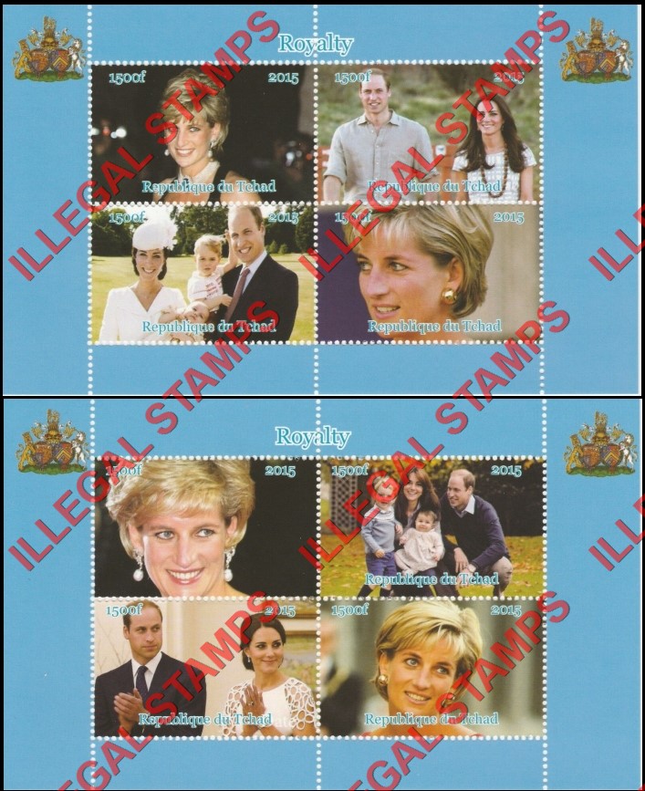 Chad 2015 Royalty Illegal Stamps in Souvenir Sheets of 4 Chad 2015 Royalty Illegal Stamps in Souvenir Sheets of 4