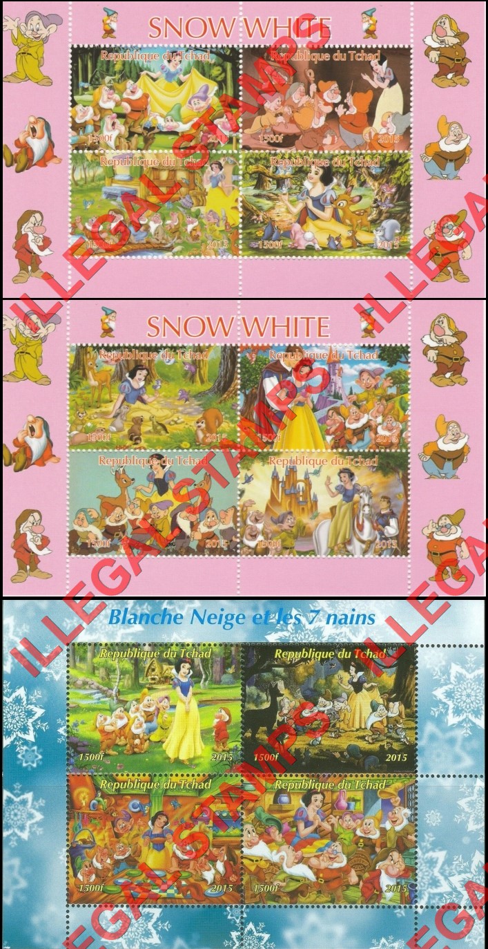 Chad 2015 Snow White Illegal Stamps in Souvenir Sheets of 4 Chad 2015 Snow White Illegal Stamps in Souvenir Sheets of 4