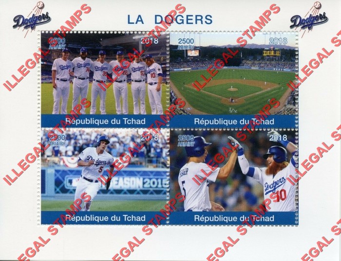 Chad 2018 Baseball LA Dodgers Illegal Stamps in Souvenir Sheet of 4 Chad 2018 Baseball LA Dodgers Illegal Stamps in Souvenir Sheet of 4