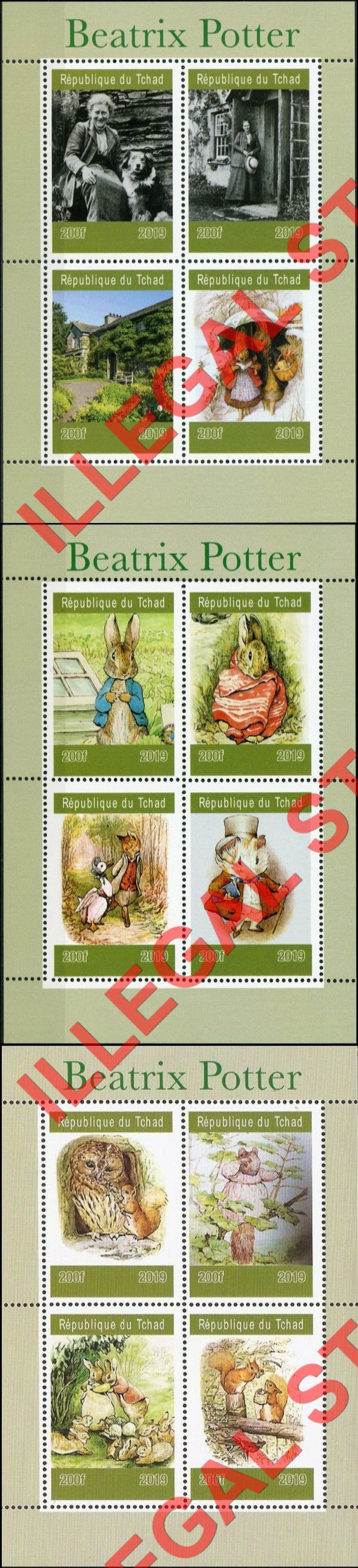 Chad 2019 Beatrix Potter Peter Rabbit Illegal Stamps in Souvenir Sheets of 4 Chad 2019 Beatrix Potter Peter Rabbit Illegal Stamps in Souvenir Sheets of 4