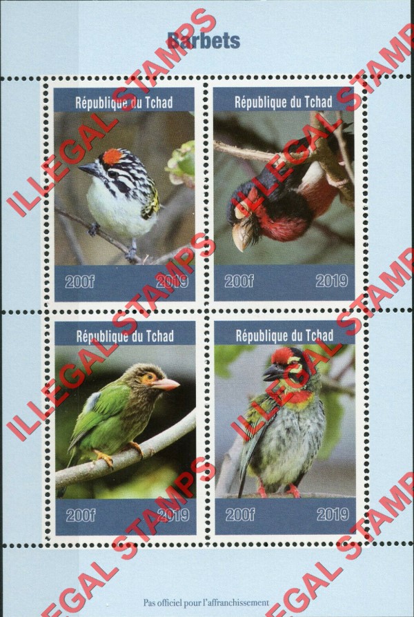Chad 2019 Birds Barbets Illegal Stamps in Souvenir Sheet of 4 Chad 2019 Birds Barbets Illegal Stamps in Souvenir Sheet of 4