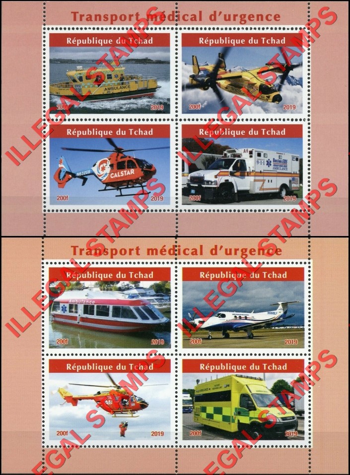 Chad 2019 Medical Emergency Transport Illegal Stamps in Souvenir Sheets of 4 Chad 2019 Medical Emergency Transport Illegal Stamps in Souvenir Sheets of 4