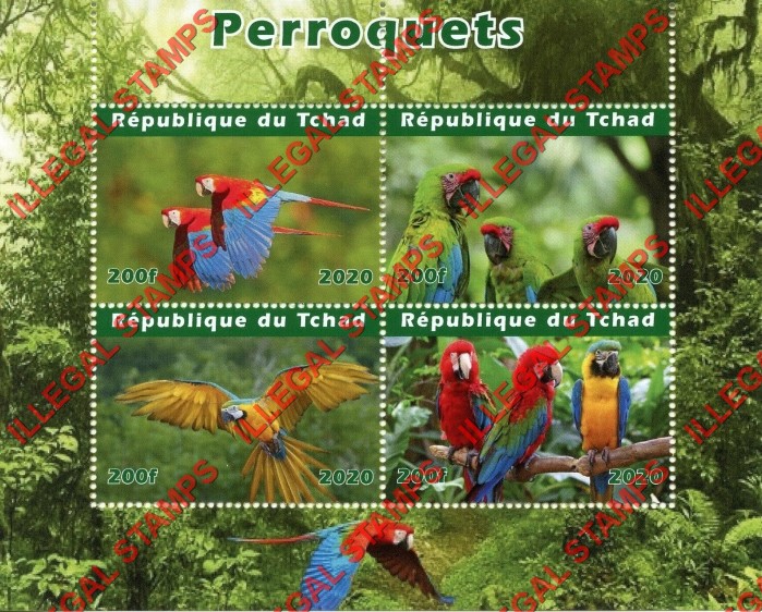 Chad 2020 Birds Parrots Illegal Stamps in Souvenir Sheet of 4 Chad 2020 Birds Parrots Illegal Stamps in Souvenir Sheet of 4