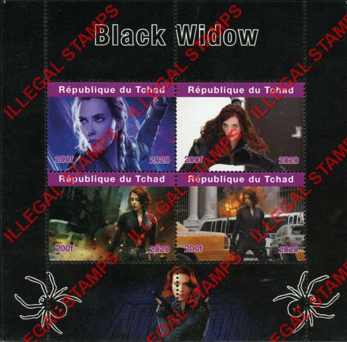 Chad 2020 Black Widow Scarlett Johansson Illegal Stamps in Souvenir Sheet of 4 Chad 2020 Black Widow Scarlett Johansson Illegal Stamps in Souvenir Sheet of 4