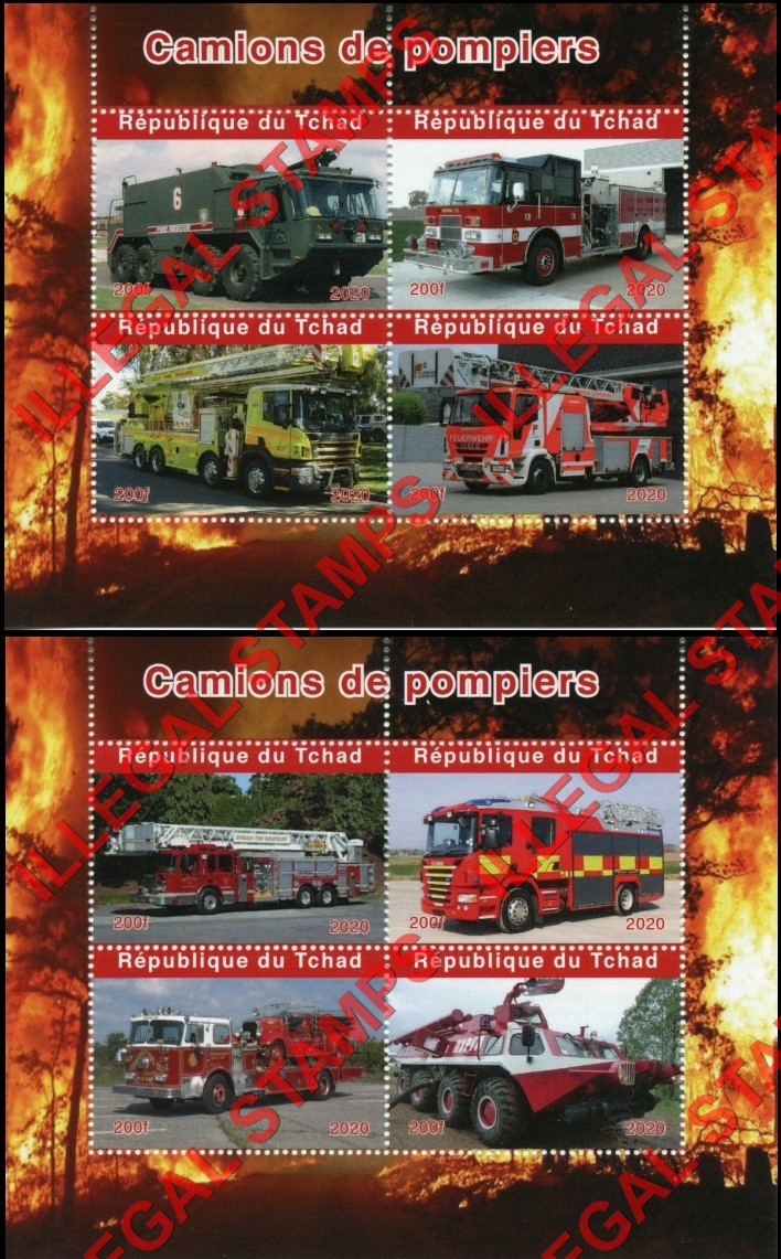 Chad 2020 Fire Engines Fire Trucks Illegal Stamps in Souvenir Sheet of 4 Chad 2020 Fire Engines Fire Trucks Illegal Stamps in Souvenir Sheet of 4