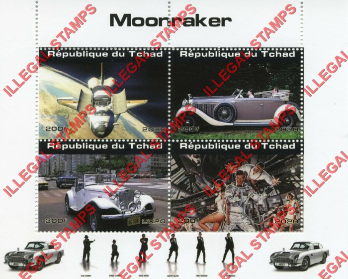 Chad 2020 James Bond Moonraker Illegal Stamps in Souvenir Sheet of 4 Chad 2020 James Bond Moonraker Illegal Stamps in Souvenir Sheet of 4