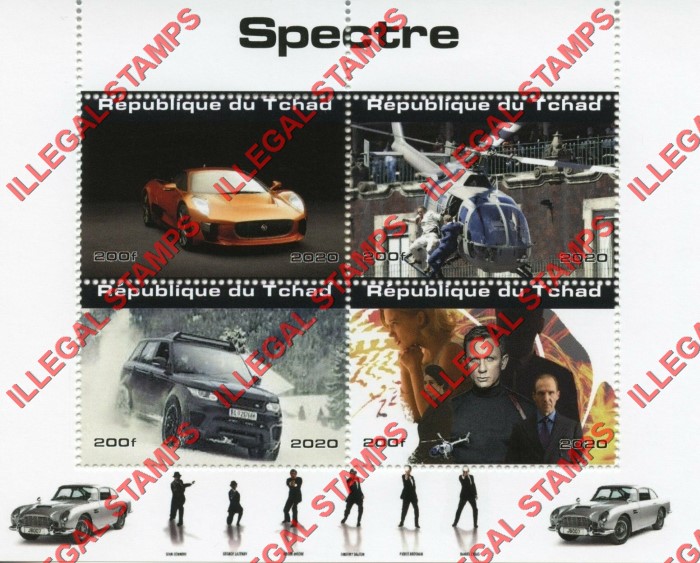 Chad 2020 James Bond Spectre Illegal Stamps in Souvenir Sheet of 4 Chad 2020 James Bond Spectre Illegal Stamps in Souvenir Sheet of 4
