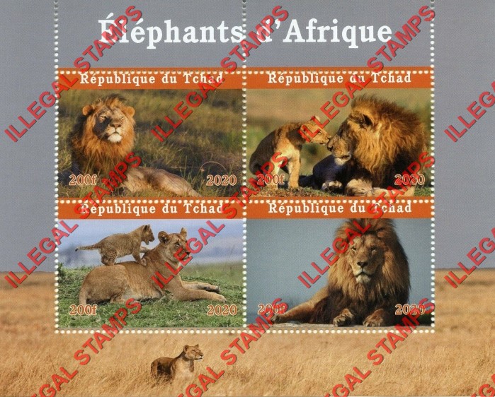 Chad 2020 Lions With Wrong Title Illegal Stamps in Souvenir Sheet of 4 Chad 2020 Lions With Wrong Title Illegal Stamps in Souvenir Sheet of 4