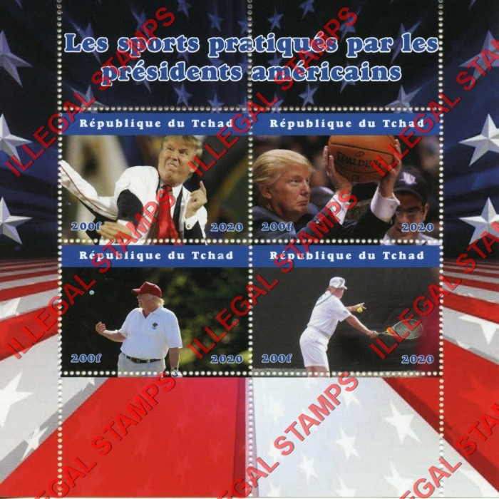 Chad 2020 Presidents Playing Sports Donald Trump Illegal Stamps in Souvenir Sheet of 4 Chad 2020 Presidents Playing Sports Donald Trump Illegal Stamps in Souvenir Sheet of 4