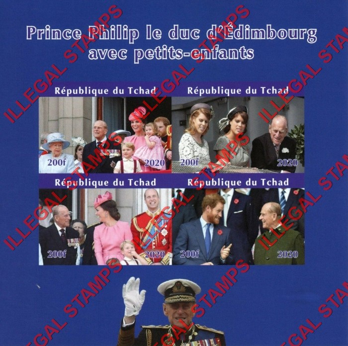 Chad 2020 Prince Philip Illegal Stamps in Souvenir Sheet of 4 Chad 2020 Prince Philip Illegal Stamps in Souvenir Sheet of 4