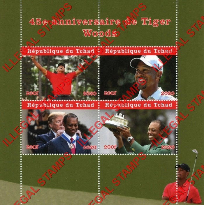 Chad 2020 Tiger Woods Golf Illegal Stamps in Souvenir Sheet of 4 Chad 2020 Tiger Woods Golf Illegal Stamps in Souvenir Sheet of 4