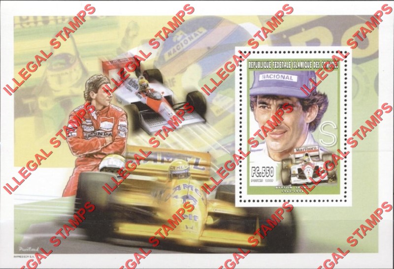 Comoro Islands 1999 Ayrton Senna Counterfeit Illegal Stamp Souvenir Sheet of 1 Comoro Islands 1999 Ayrton Senna Counterfeit Illegal Stamp Souvenir Sheet of 1