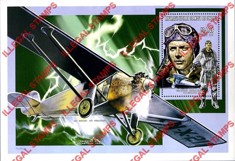 Comoro Islands 1999 Charles Lindbergh Counterfeit Illegal Stamp Souvenir Sheet of 1 Comoro Islands 1999 Charles Lindbergh Counterfeit Illegal Stamp Souvenir Sheet of 1