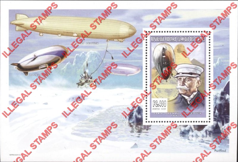 Comoro Islands 1999 Ferdinand von Zeppelin Counterfeit Illegal Stamp Souvenir Sheet of 1 Comoro Islands 1999 Ferdinand von Zeppelin Counterfeit Illegal Stamp Souvenir Sheet of 1