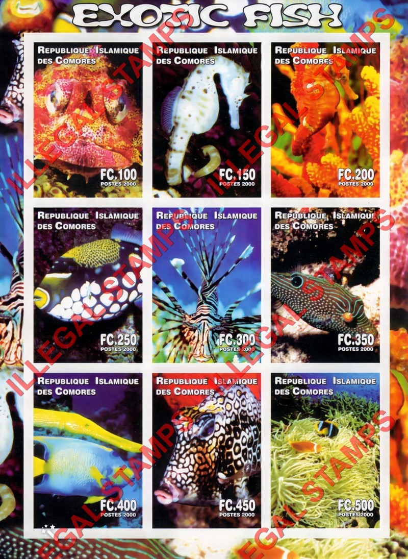 Comoro Islands 2000 Exotic Fish Counterfeit Illegal Stamp Souvenir Sheet of 9 Comoro Islands 2000 Exotic Fish Counterfeit Illegal Stamp Souvenir Sheet of 9