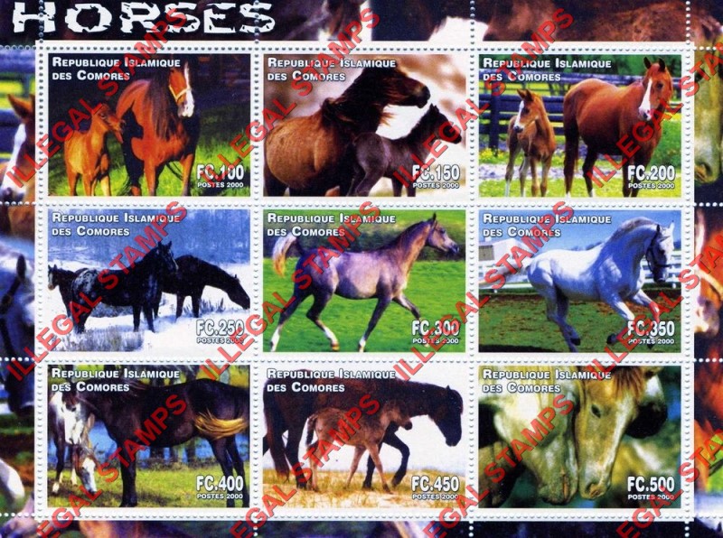 Comoro Islands 2000 Horses Counterfeit Illegal Stamp Souvenir Sheet of 9 Comoro Islands 2000 Horses Counterfeit Illegal Stamp Souvenir Sheet of 9