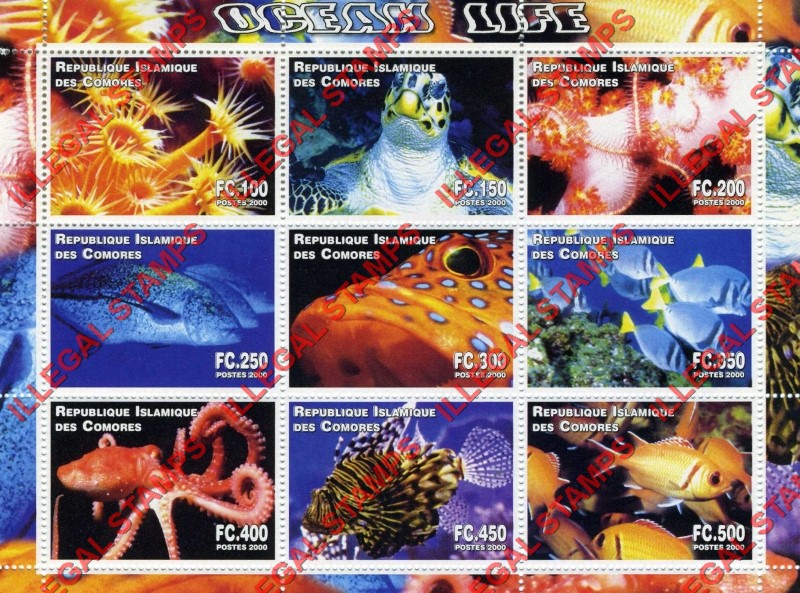 Comoro Islands 2000 Ocean Life Counterfeit Illegal Stamp Souvenir Sheet of 9 Comoro Islands 2000 Ocean Life Counterfeit Illegal Stamp Souvenir Sheet of 9