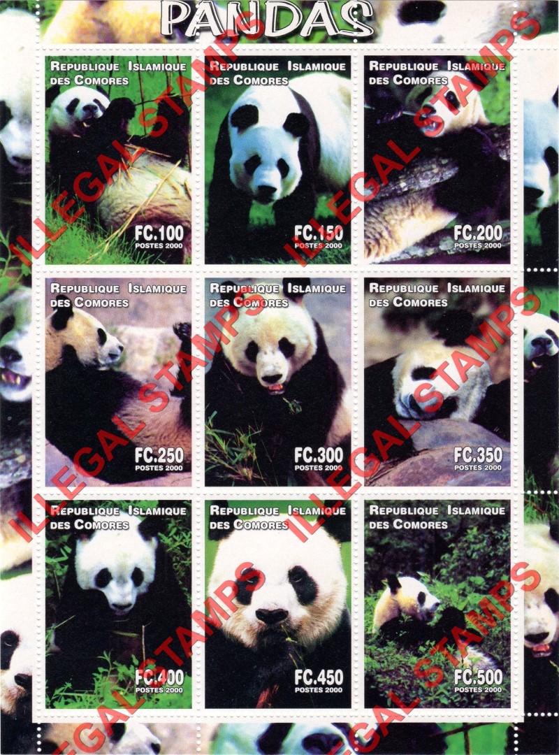 Comoro Islands 2000 Pandas Counterfeit Illegal Stamp Souvenir Sheet of 9 Comoro Islands 2000 Pandas Counterfeit Illegal Stamp Souvenir Sheet of 9