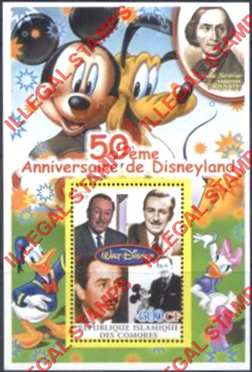 Comoro Islands 2004 50th Anniversary of Disneyland Counterfeit Illegal Stamp Souvenir Sheet of 1 (Sheet 1) Comoro Islands 2004 50th Anniversary of Disneyland Counterfeit Illegal Stamp Souvenir Sheet of 1 (Sheet 1)