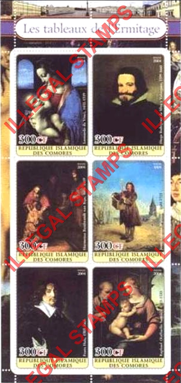 Comoro Islands 2004 Ermitage Paintings Counterfeit Illegal Stamp Souvenir Sheet of 6 Comoro Islands 2004 Ermitage Paintings Counterfeit Illegal Stamp Souvenir Sheet of 6
