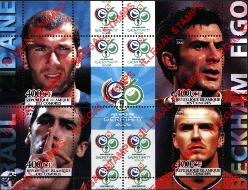 Comoro Islands 2004 FIFA World Cup Soccer in Germany in 2006 Football Players Counterfeit Illegal Stamp Souvenir Sheet of 4 Comoro Islands 2004 FIFA World Cup Soccer in Germany in 2006 Football Players Counterfeit Illegal Stamp Souvenir Sheet of 4