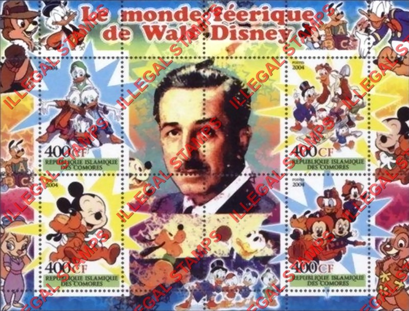 Comoro Islands 2004 The Magical World of Walt Disney Counterfeit Illegal Stamp Souvenir Sheet of 4 (Sheet 3) Comoro Islands 2004 The Magical World of Walt Disney Counterfeit Illegal Stamp Souvenir Sheet of 4 (Sheet 3)