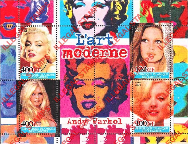 Comoro Islands 2004 Marilyn Monroe Modern Art by Andy Warhol Counterfeit Illegal Stamp Souvenir Sheet of 4 Comoro Islands 2004 Marilyn Monroe Modern Art by Andy Warhol Counterfeit Illegal Stamp Souvenir Sheet of 4