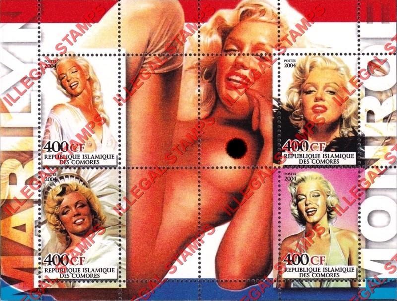 Comoro Islands 2004 Marilyn Monroe Counterfeit Illegal Stamp Souvenir Sheet of 4 Comoro Islands 2004 Marilyn Monroe Counterfeit Illegal Stamp Souvenir Sheet of 4
