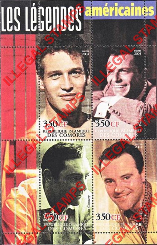 Comoro Islands 2004 Movie legends of the American screen Counterfeit Illegal Stamp Souvenir Sheet of 4 (Sheet 1) Comoro Islands 2004 Movie legends of the American screen Counterfeit Illegal Stamp Souvenir Sheet of 4 (Sheet 1)