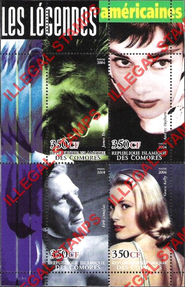 Comoro Islands 2004 Movie legends of the American screen Counterfeit Illegal Stamp Souvenir Sheet of 4 (Sheet 2) Comoro Islands 2004 Movie legends of the American screen Counterfeit Illegal Stamp Souvenir Sheet of 4 (Sheet 2)