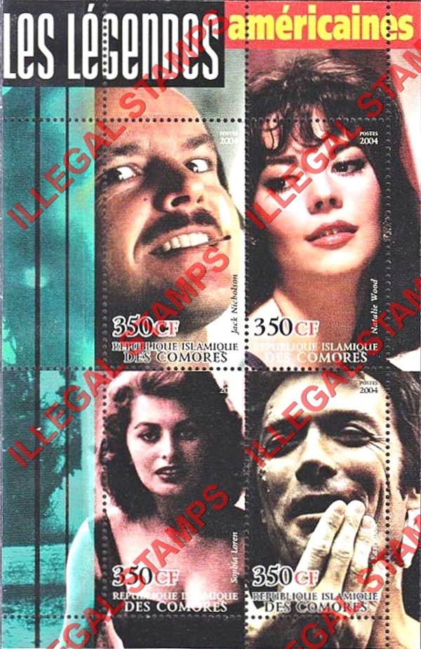 Comoro Islands 2004 Movie legends of the American screen Counterfeit Illegal Stamp Souvenir Sheet of 4 (Sheet 3) Comoro Islands 2004 Movie legends of the American screen Counterfeit Illegal Stamp Souvenir Sheet of 4 (Sheet 3)