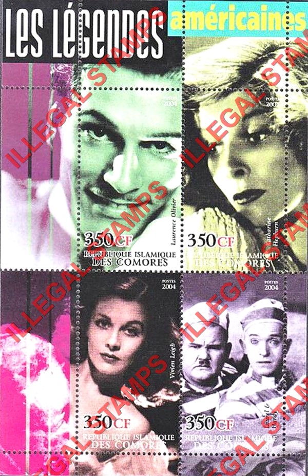 Comoro Islands 2004 Movie legends of the American screen Counterfeit Illegal Stamp Souvenir Sheet of 4 (Sheet 4) Comoro Islands 2004 Movie legends of the American screen Counterfeit Illegal Stamp Souvenir Sheet of 4 (Sheet 4)
