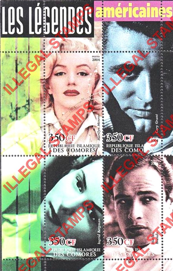 Comoro Islands 2004 Movie legends of the American screen Counterfeit Illegal Stamp Souvenir Sheet of 4 (Sheet 5) Comoro Islands 2004 Movie legends of the American screen Counterfeit Illegal Stamp Souvenir Sheet of 4 (Sheet 5)