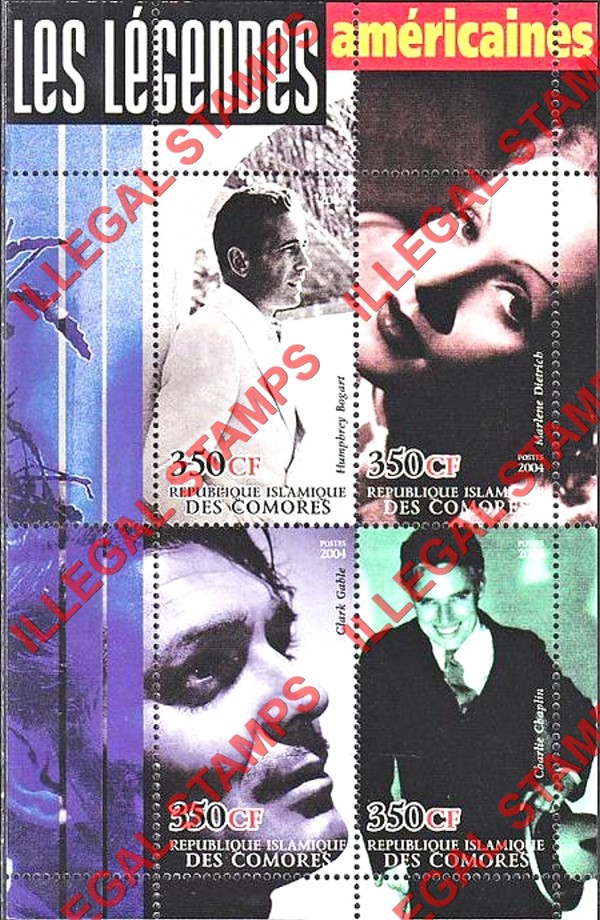 Comoro Islands 2004 Movie legends of the American screen Counterfeit Illegal Stamp Souvenir Sheet of 4 (Sheet 6) Comoro Islands 2004 Movie legends of the American screen Counterfeit Illegal Stamp Souvenir Sheet of 4 (Sheet 6)