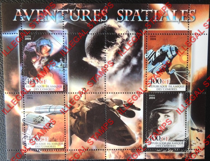 Comoro Islands 2004 Space Adventures Counterfeit Illegal Stamp Souvenir Sheet of 4 Comoro Islands 2004 Space Adventures Counterfeit Illegal Stamp Souvenir Sheet of 4