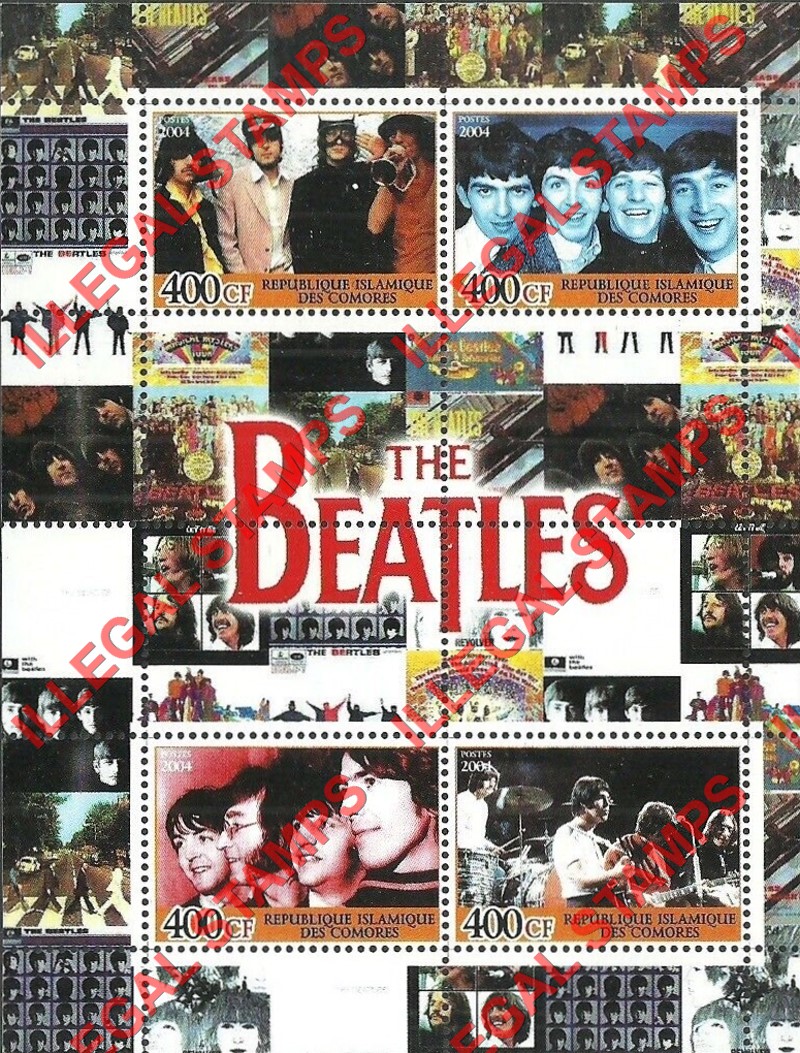 Comoro Islands 2004 The Beatles Counterfeit Illegal Stamp Souvenir Sheet of 4 (Sheet 1) Comoro Islands 2004 The Beatles Counterfeit Illegal Stamp Souvenir Sheet of 4 (Sheet 1)