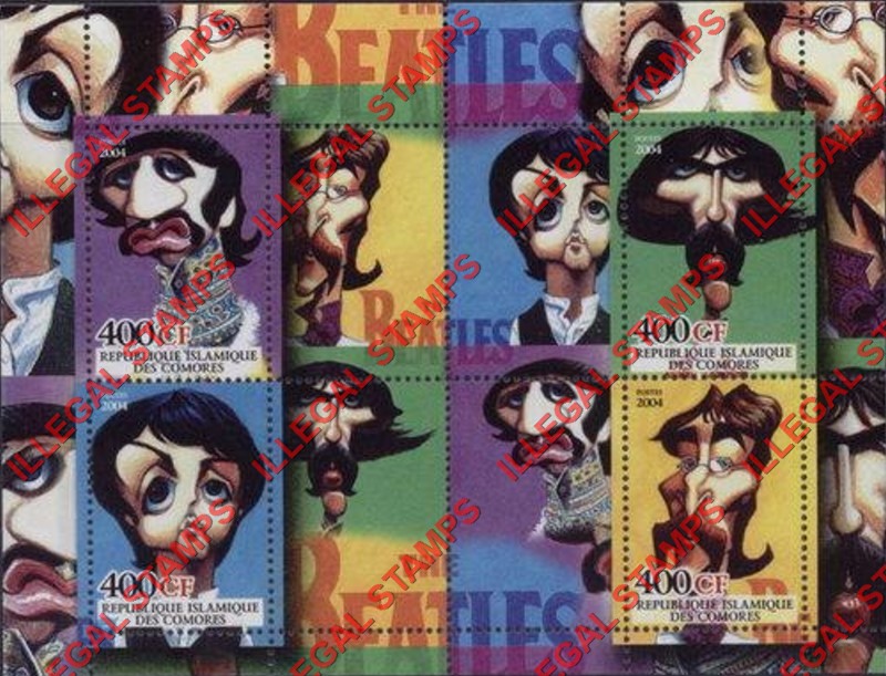 Comoro Islands 2004 The Beatles Counterfeit Illegal Stamp Souvenir Sheet of 4 (Sheet 2) Comoro Islands 2004 The Beatles Counterfeit Illegal Stamp Souvenir Sheet of 4 (Sheet 2)