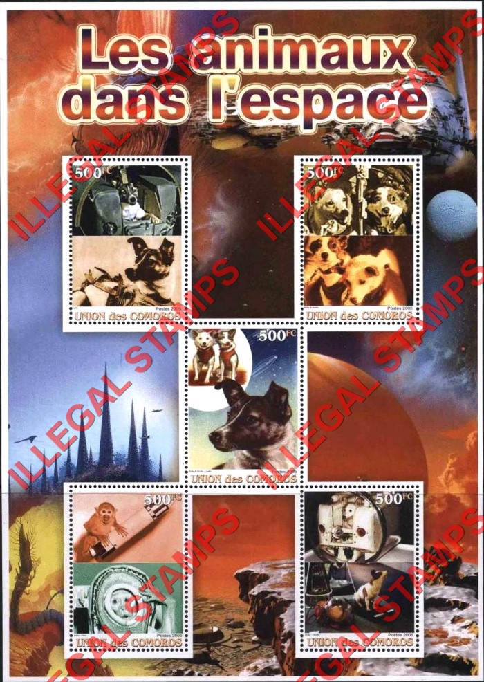 Comoro Islands 2005 Animals in Space Counterfeit Illegal Stamp Souvenir Sheet of 5 Comoro Islands 2005 Animals in Space Counterfeit Illegal Stamp Souvenir Sheet of 5