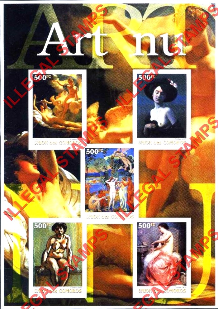 Comoro Islands 2005 Art Naked Counterfeit Illegal Stamp Souvenir Sheet of 5 Comoro Islands 2005 Art Naked Counterfeit Illegal Stamp Souvenir Sheet of 5