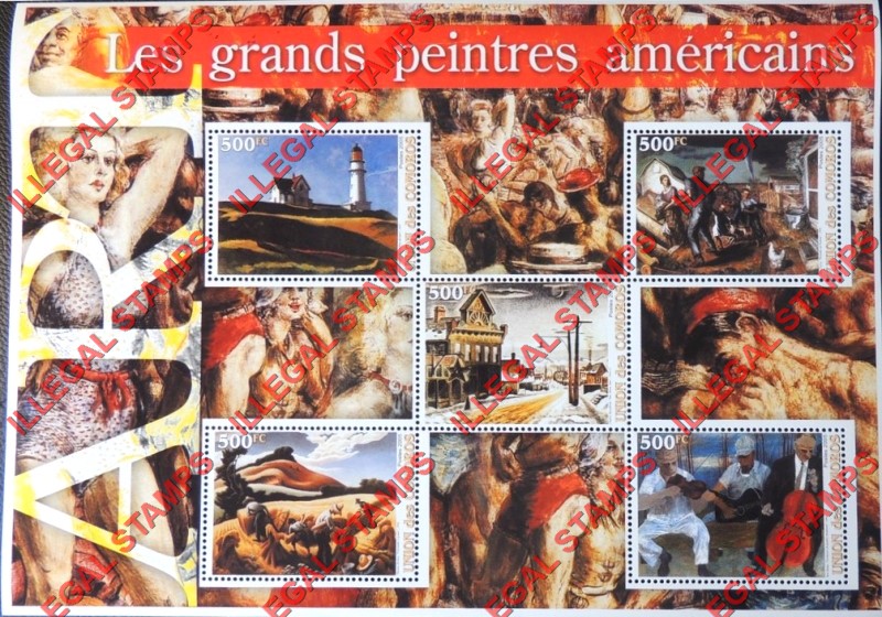 Comoro Islands 2005 Art The Great American Painters Counterfeit Illegal Stamp Souvenir Sheet of 5 Comoro Islands 2005 Art The Great American Painters Counterfeit Illegal Stamp Souvenir Sheet of 5