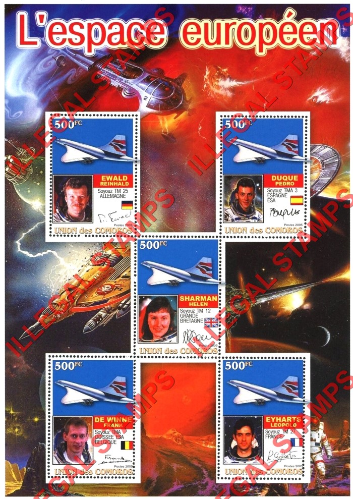 Comoro Islands 2005 European Space Counterfeit Illegal Stamp Souvenir Sheet of 5 Comoro Islands 2005 European Space Counterfeit Illegal Stamp Souvenir Sheet of 5